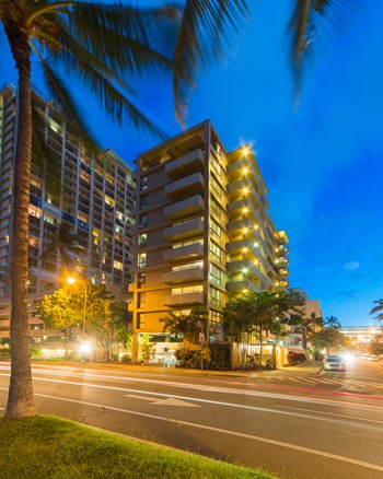 Napili Towers exterior building at night